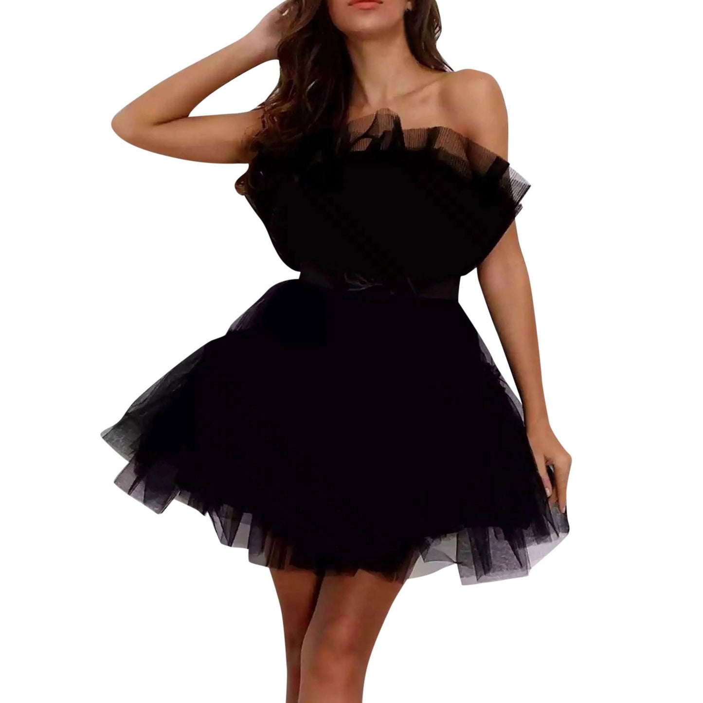 Design Bow Waist-tight Fairy Mesh High Waist Bubble Dress
