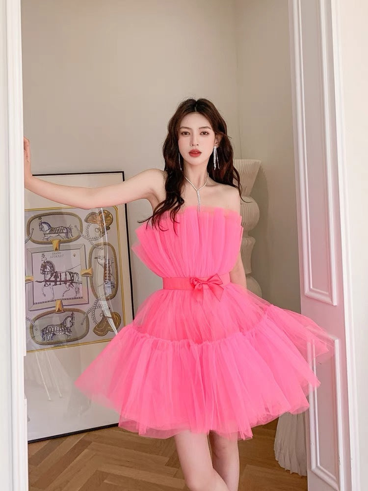 Design Bow Waist-tight Fairy Mesh High Waist Bubble Dress