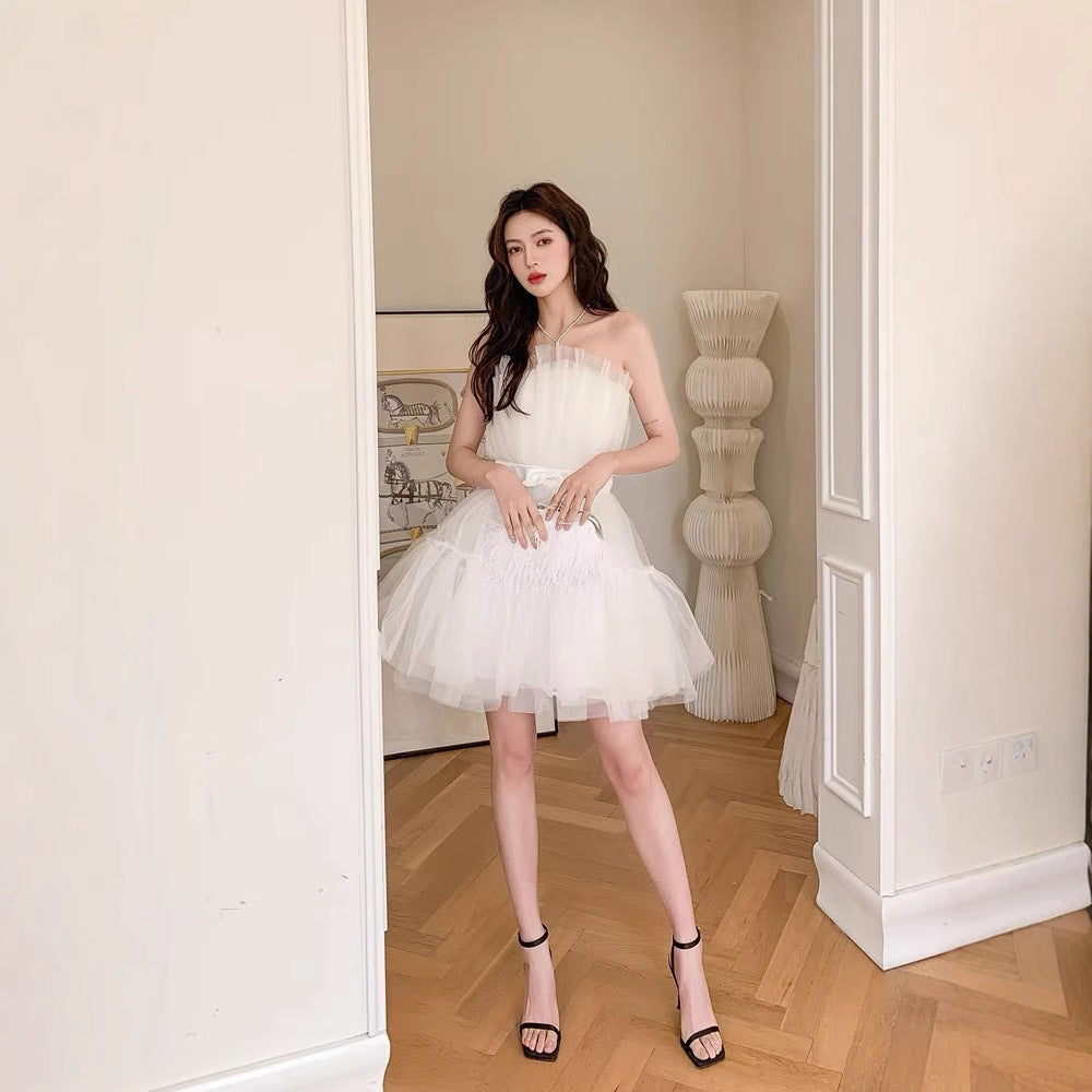 Design Bow Waist-tight Fairy Mesh High Waist Bubble Dress