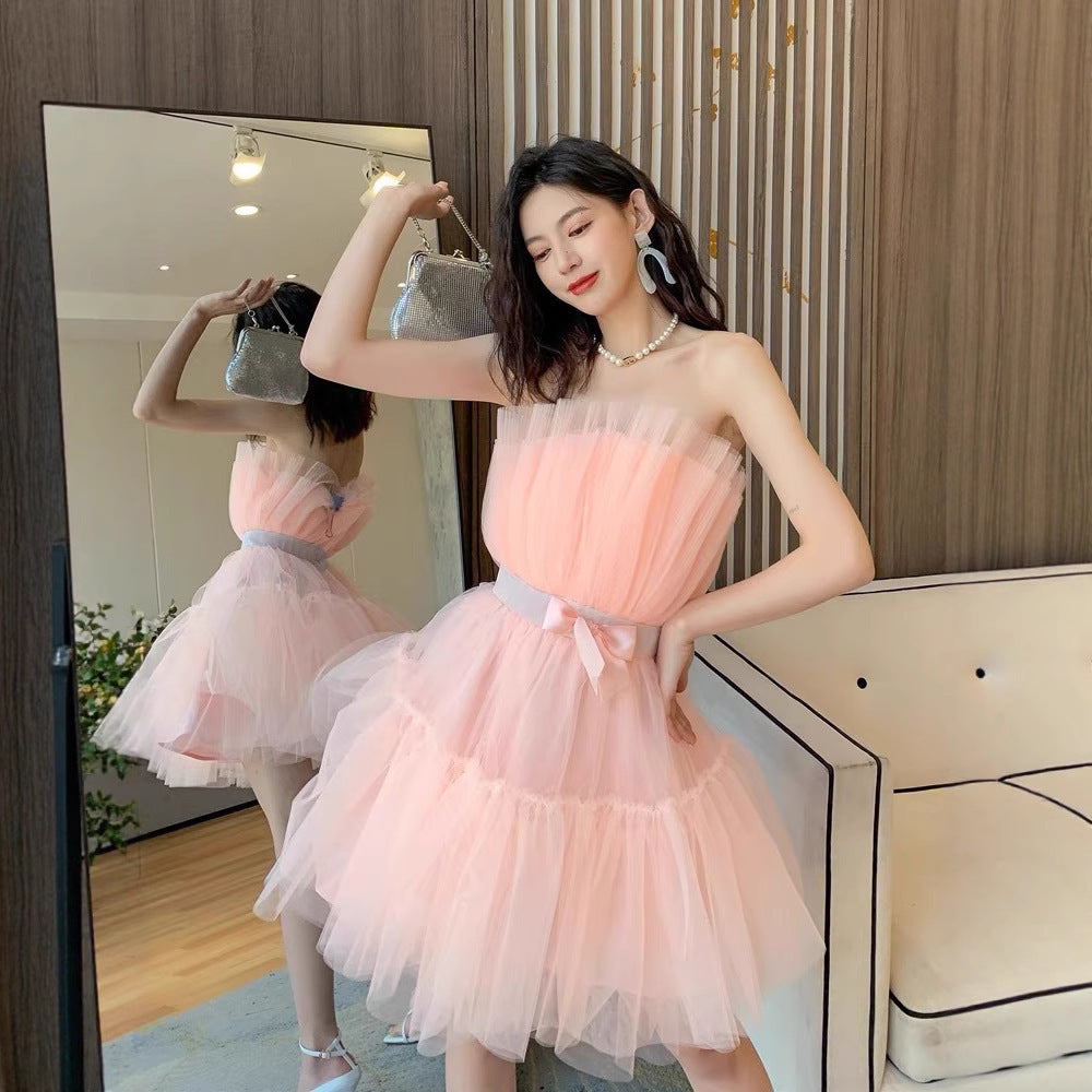 Design Bow Waist-tight Fairy Mesh High Waist Bubble Dress