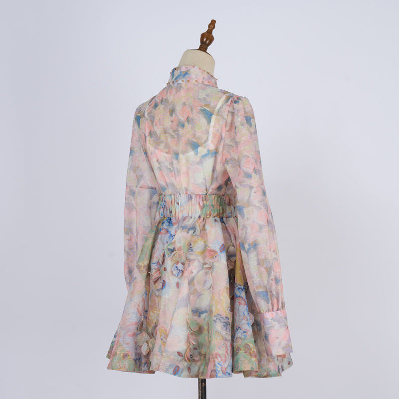 French Retro Stand Collar Printed Long Sleeve Slim-fit Top High Waist Skirt