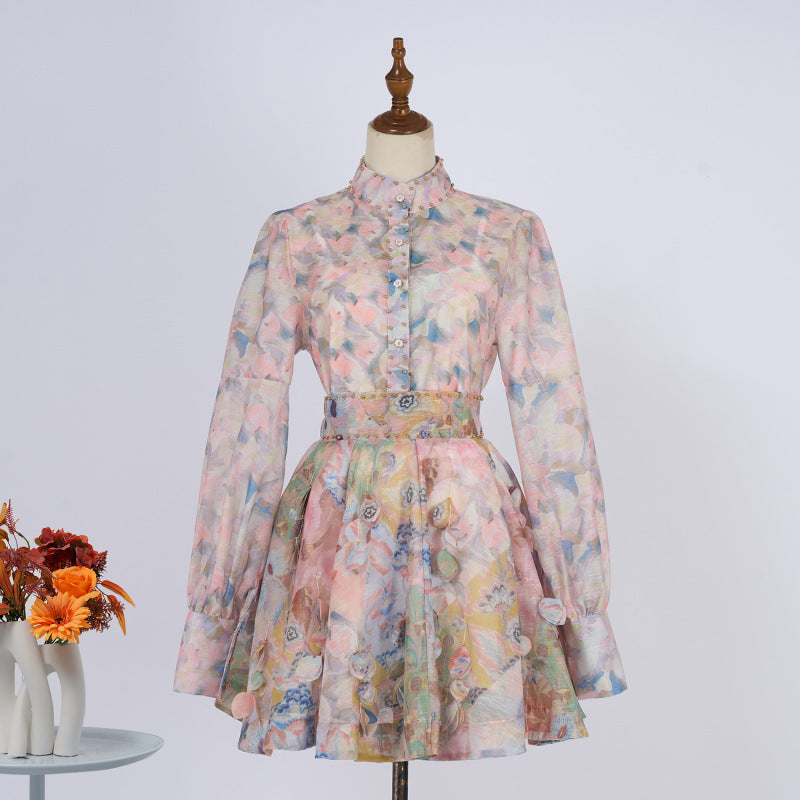 French Retro Stand Collar Printed Long Sleeve Slim-fit Top High Waist Skirt