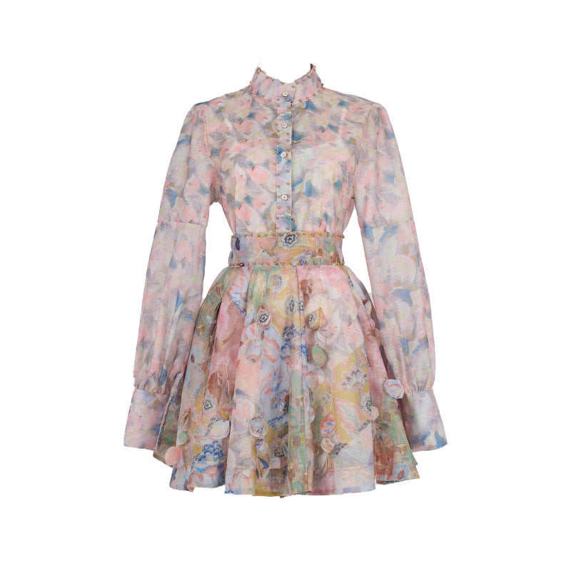 French Retro Stand Collar Printed Long Sleeve Slim-fit Top High Waist Skirt
