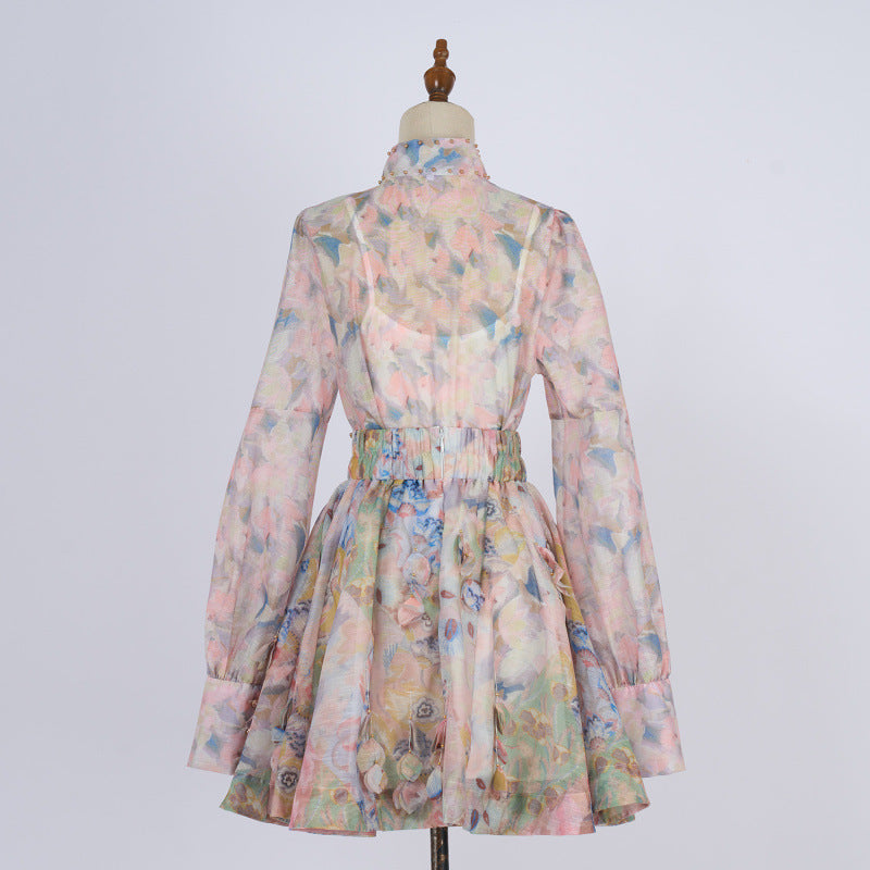 French Retro Stand Collar Printed Long Sleeve Slim-fit Top High Waist Skirt