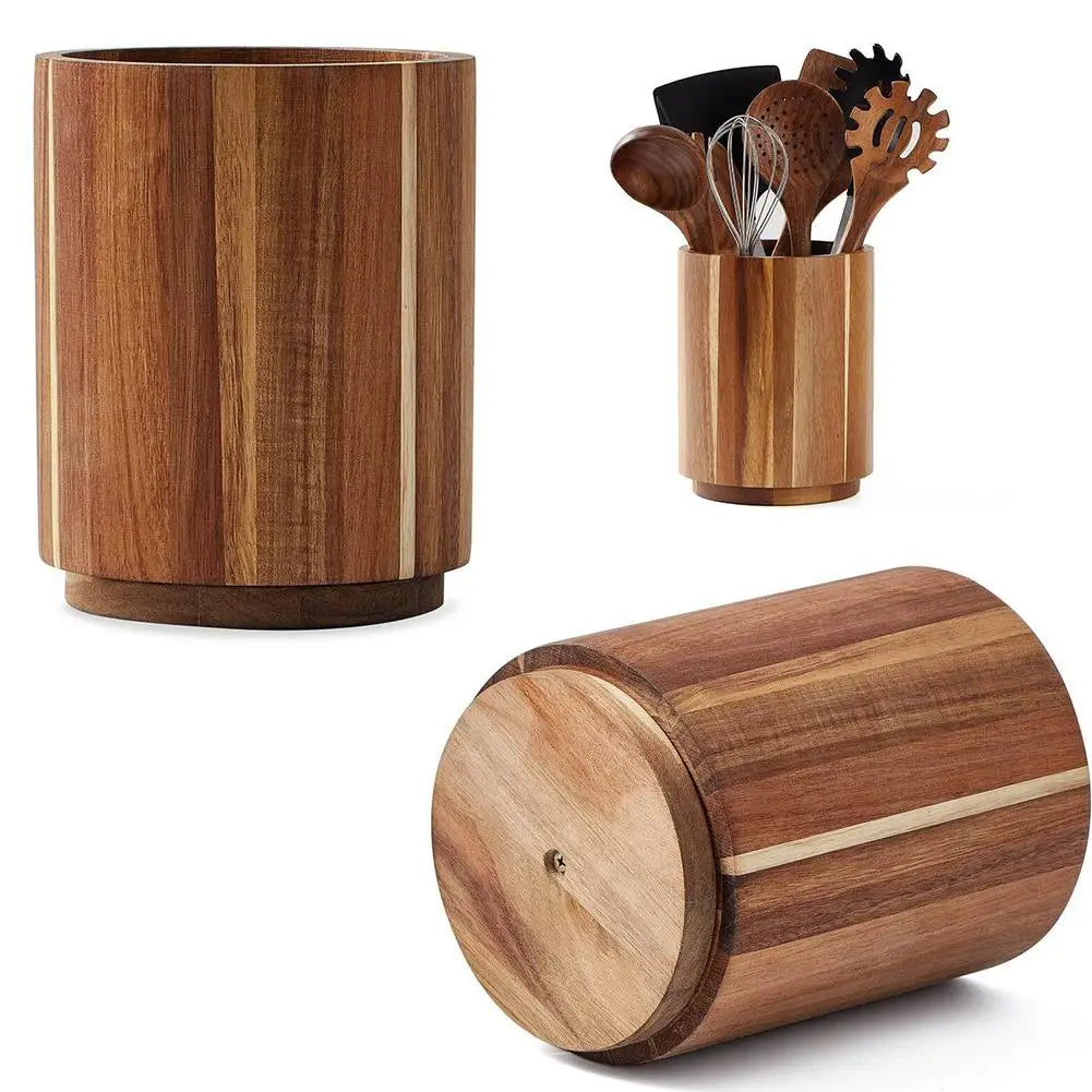 Kitchen Counter Cutlery Box Wooden circular Cooking Tool Rack Round Spatula Storage and Sorting Box Storage Bucket