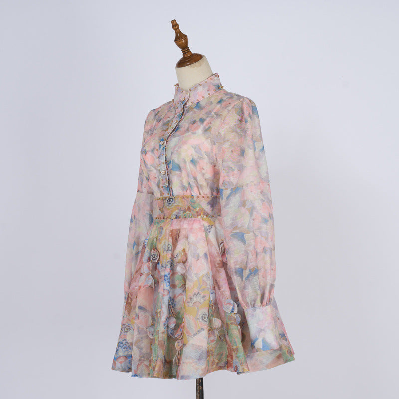 French Retro Stand Collar Printed Long Sleeve Slim-fit Top High Waist Skirt