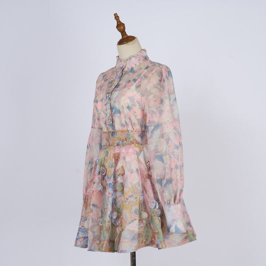 French Retro Stand Collar Printed Long Sleeve Slim-fit Top High Waist Skirt